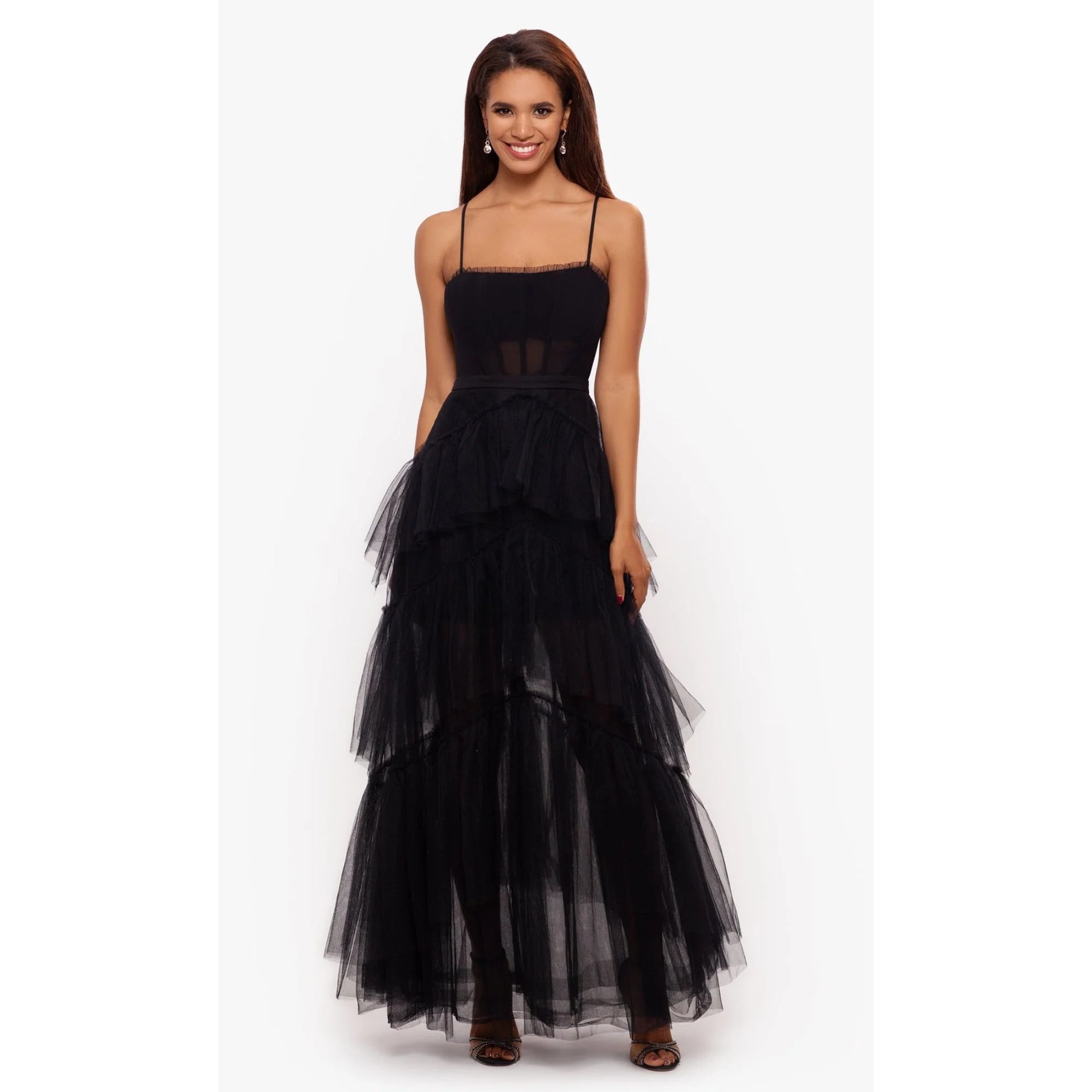 New Betsy & Adam Black Sleeveless Sheer Ruffle Tiered Prom Maxi Dress Gown 4